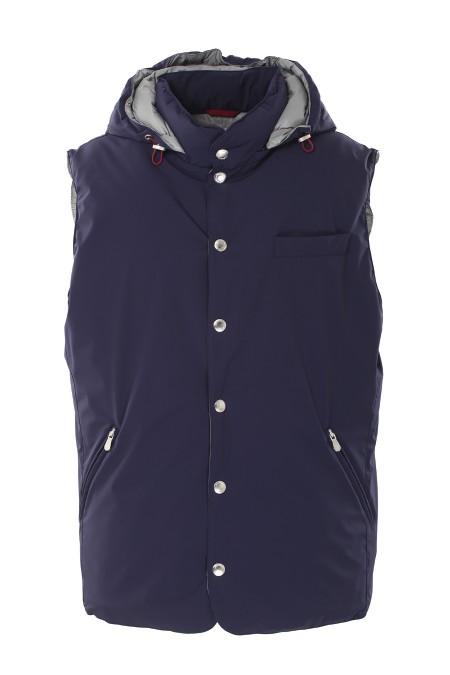 Shop BRUNELLO CUCINELLI  Vest: Brunello Cucinelli sleeveless down jacket.
Snap button closure.
Standing collar.
Removable, lined and adjustable hood with drawstring.
Chest pocket.
Lower pockets with zip.
Water-repellent nylon lining.
Two internal pockets with button and a pen holder.
High quality goose down padding.
Composition: 87% Polyamide, 13% Elastane.
Made in Italy.. MM4911775-CIC89